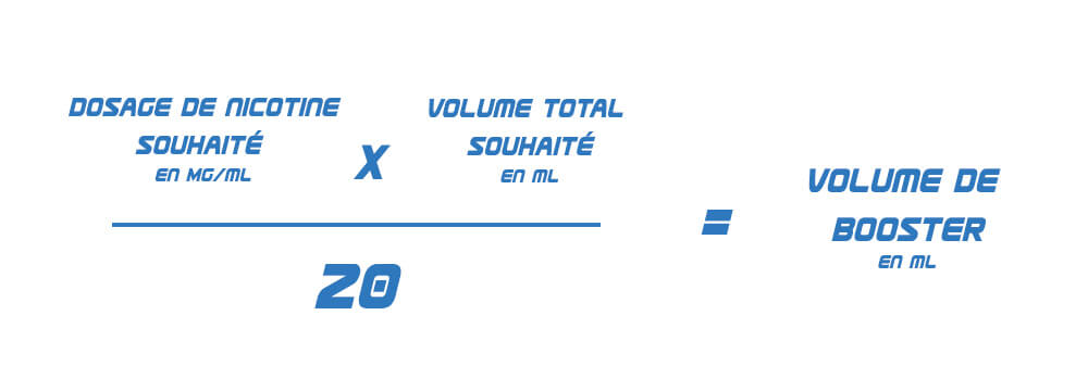 dosage de nicotine multimplié par volume total et divisé par 20 égal volume de booster